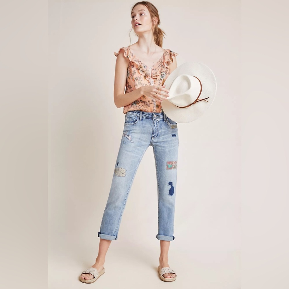 Pilcro and the Letterpress Light Blue Boyfriend Jeans with Patchwork